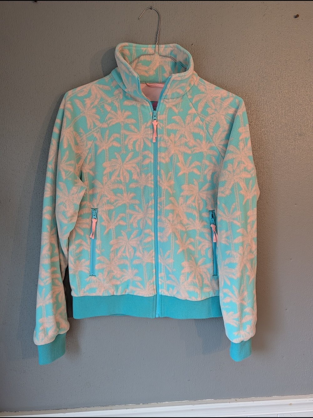 Men Mint  & Peach  Palm-Print Fleece Zip Up  Jacket Small